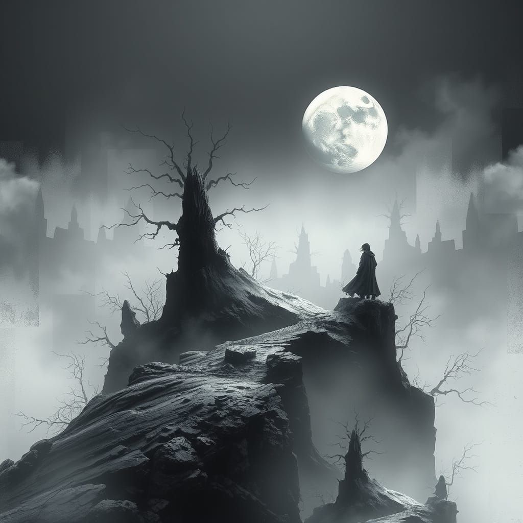 Monochromatic Dreamlike Landscape in Surrealist Style