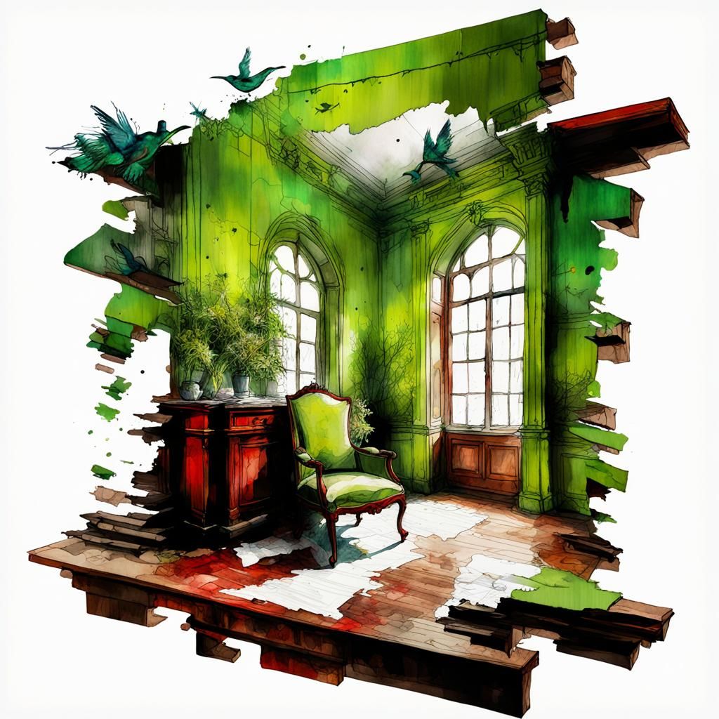 Eerie Double Exposure Room with Watercolor and Birds