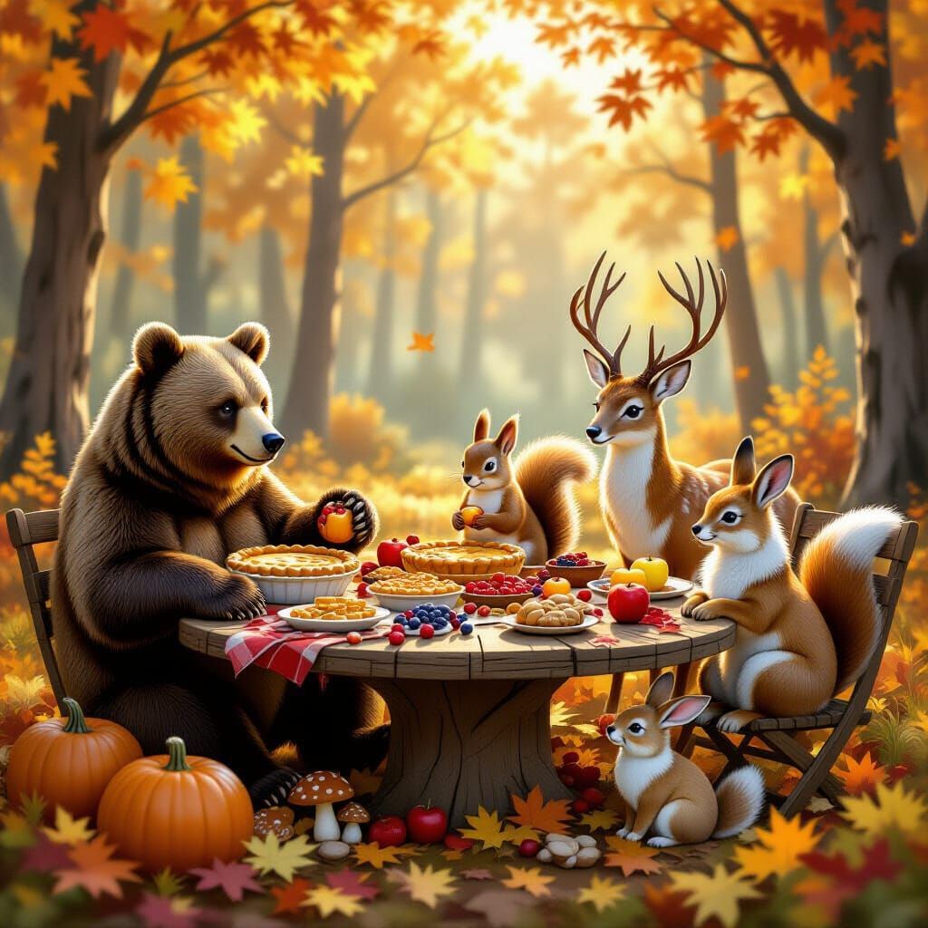 Autumn Forest Feast with Animals, Illustrative Style