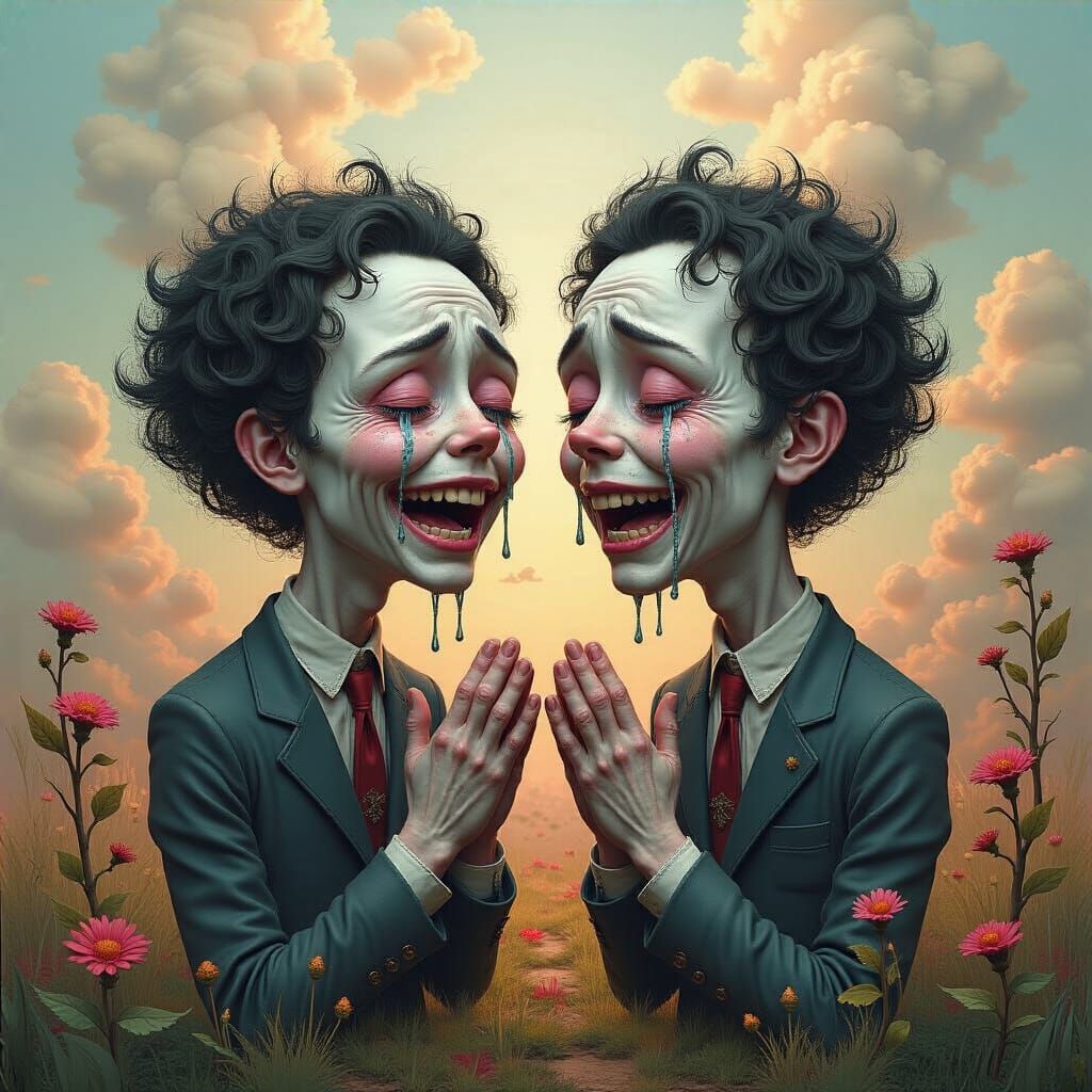 Two-Headed Humanoid Displaying Joy and Sorrow