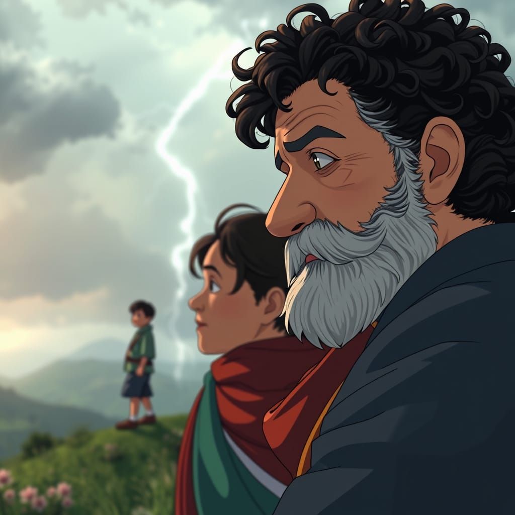 Italian Family on a Hill in Anime Style