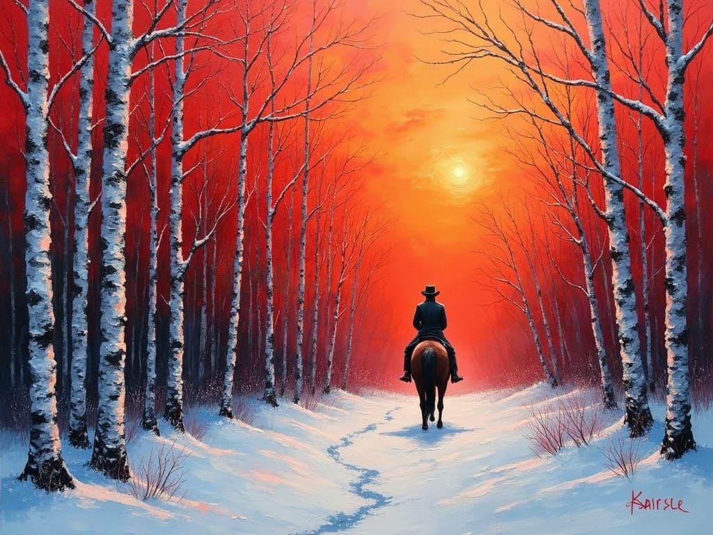 Lone Horseman Rides Through Birch Forest: Impasto Painting