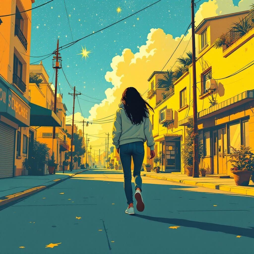 Woman Walks Quiet Streets in Retro-Futuristic Comic Style