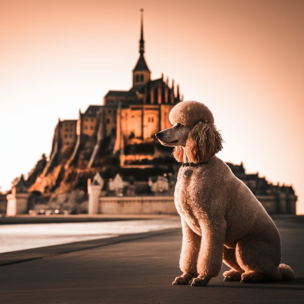 French Poodle at Mont Saint-Michel in Golden Light