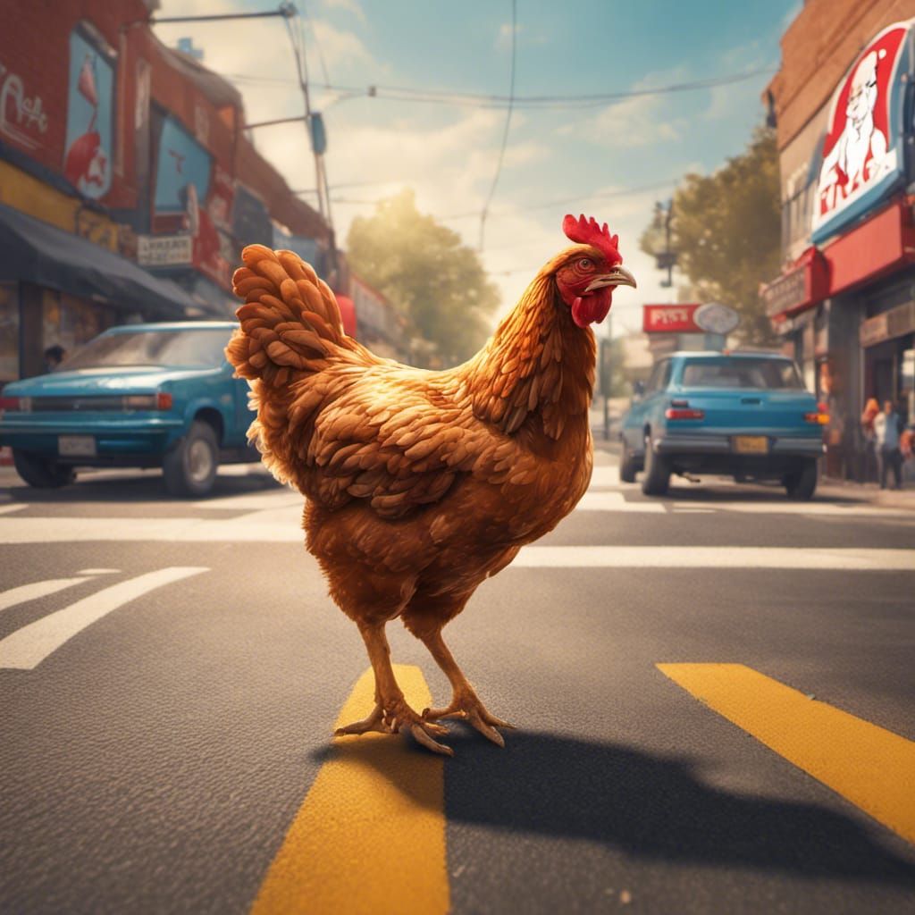 Hyperrealistic Chicken Crossing Road near KFC