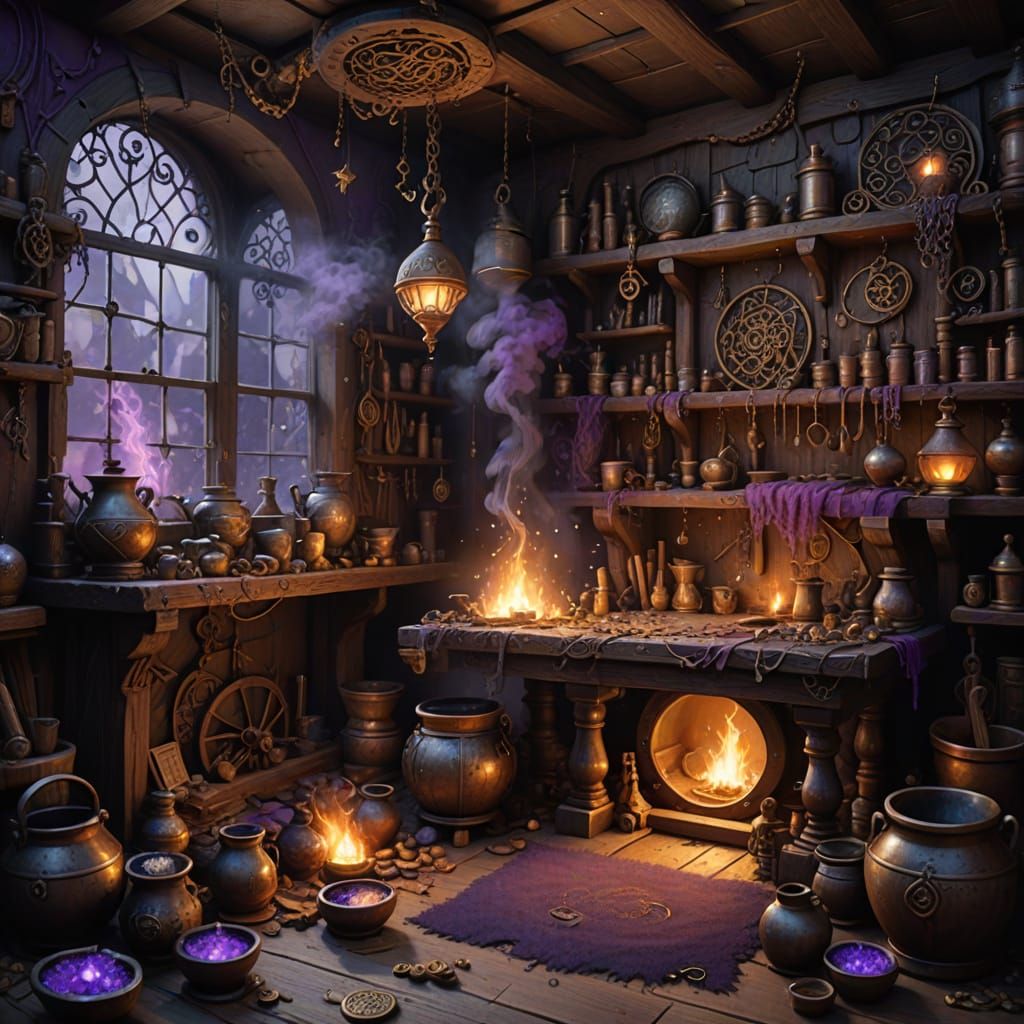 Detailed Digital Painting of a Cluttered Wizard's Workshop