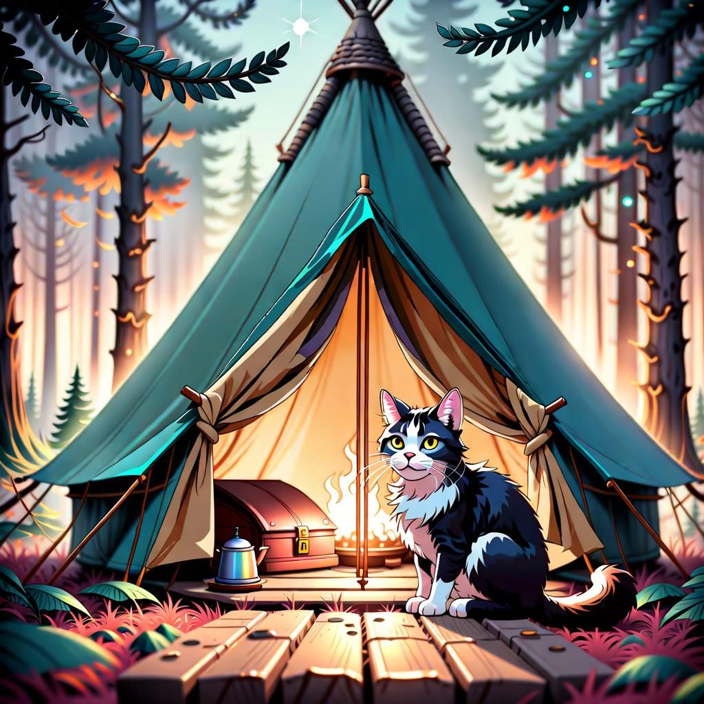 Cozy Campsite Scene with Meteor Shower