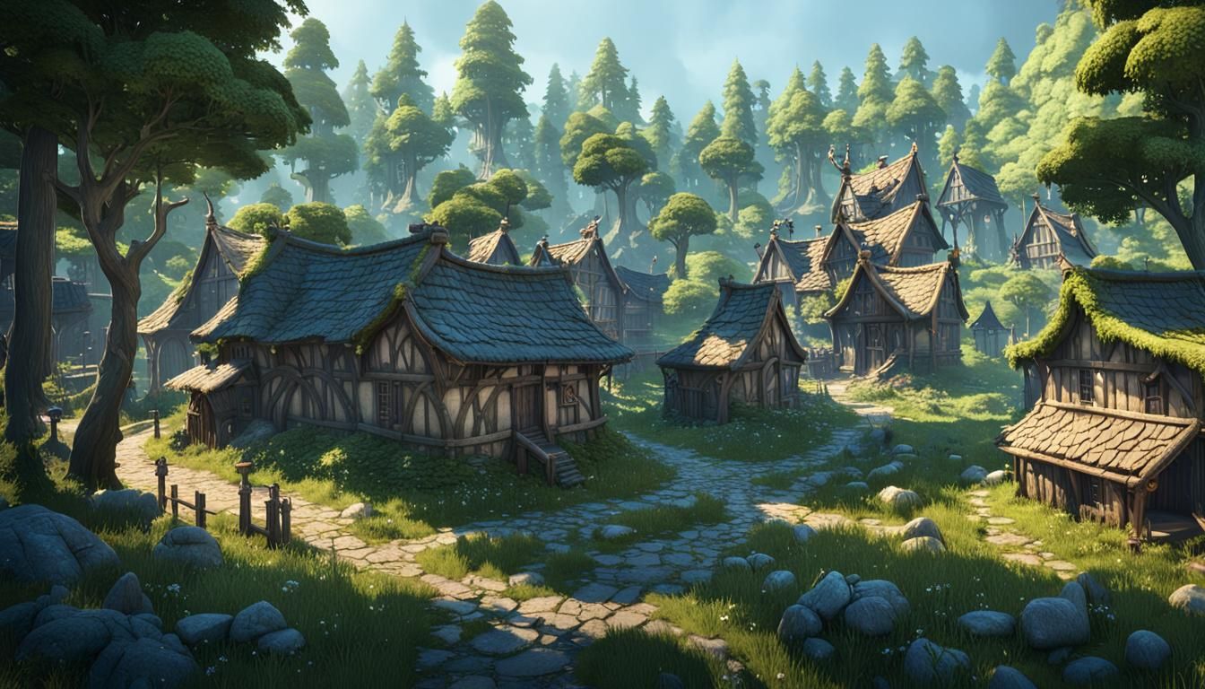 Elven Town in Woodland Clearing, 3D Game Art