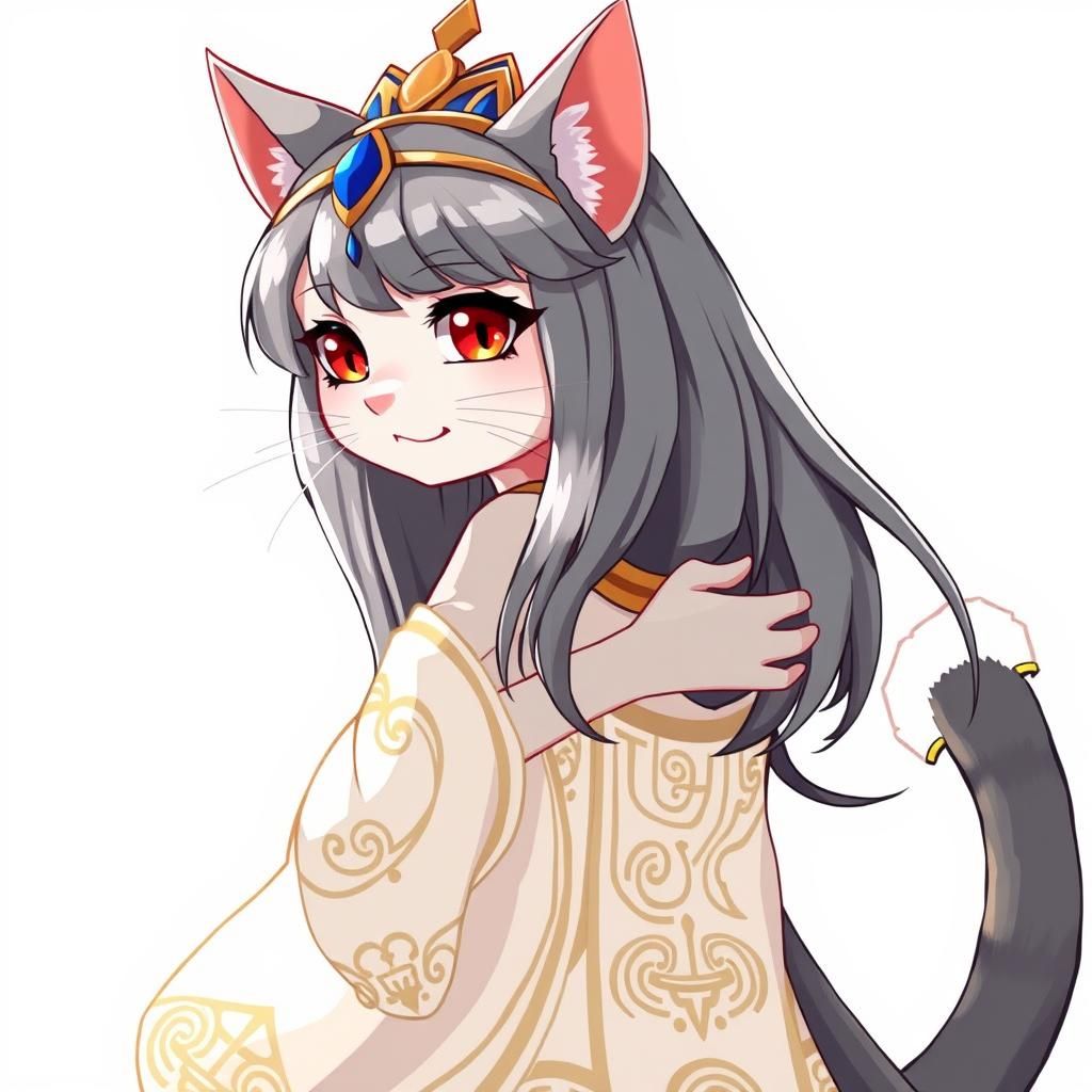 This playful catgirl has hooded, red eyes. She has waist-length, thick, straight gray hair with white streaks, worn in a...