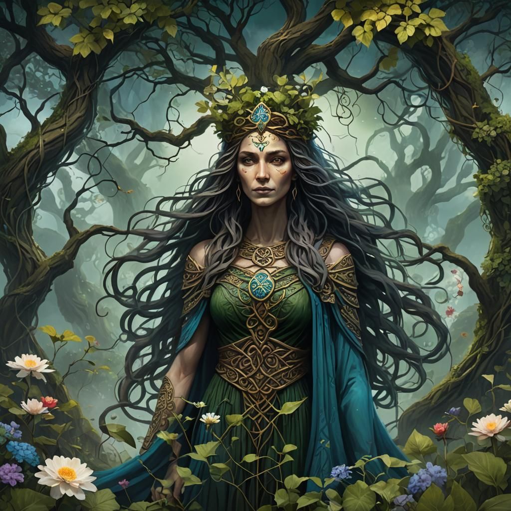 Danu: Celtic Mother Goddess in Lush Landscape