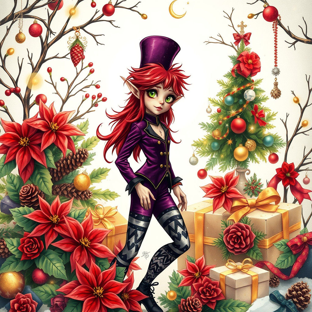 Festive Punk Elf Girl in Watercolor Style