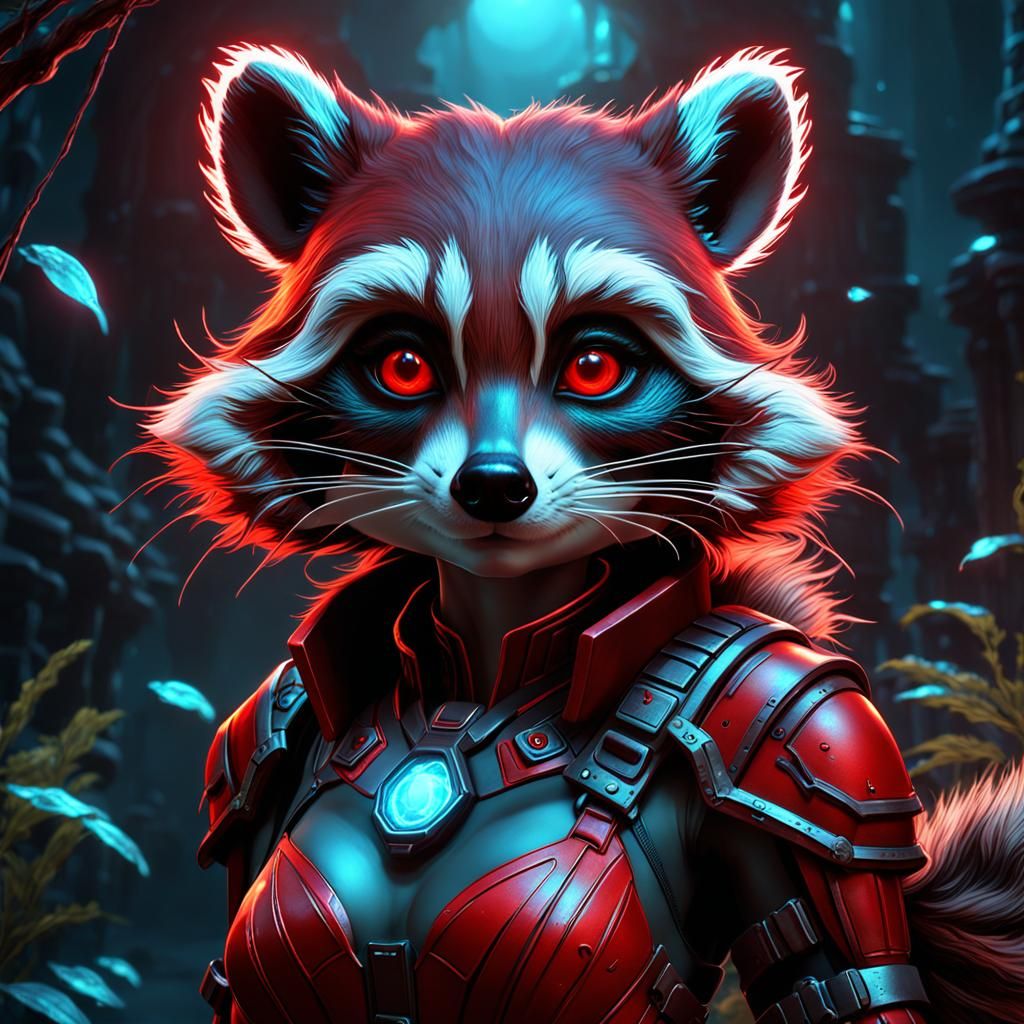 Bioluminescent Red Raccoon Girl: Detailed Fantasy Art