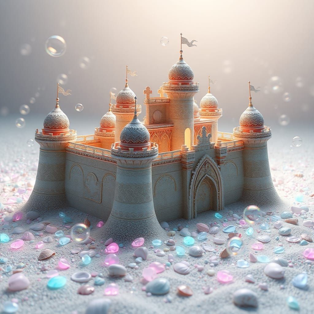 Majestic Sandcastle with Neon Pebbles, Surreal Digital Art