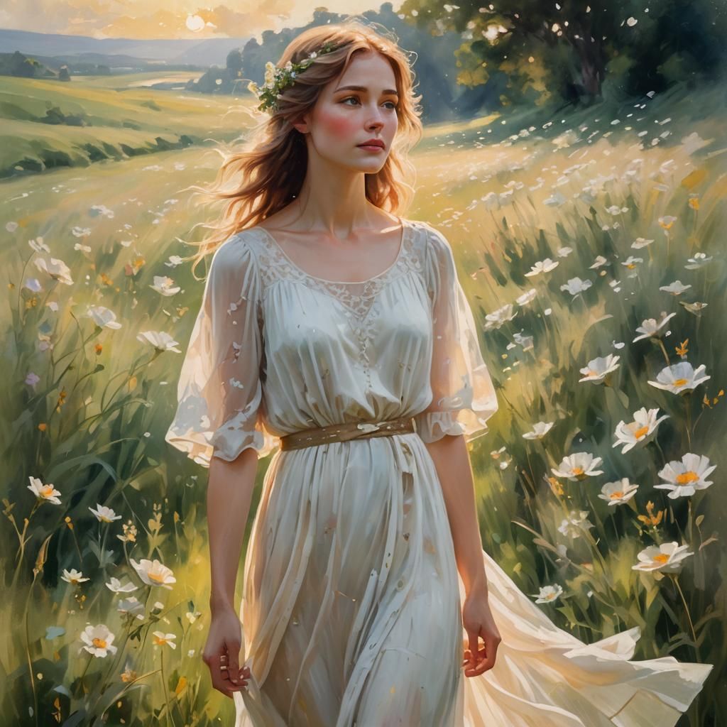 Impressionist Woman in Meadow Bathed in Golden Light