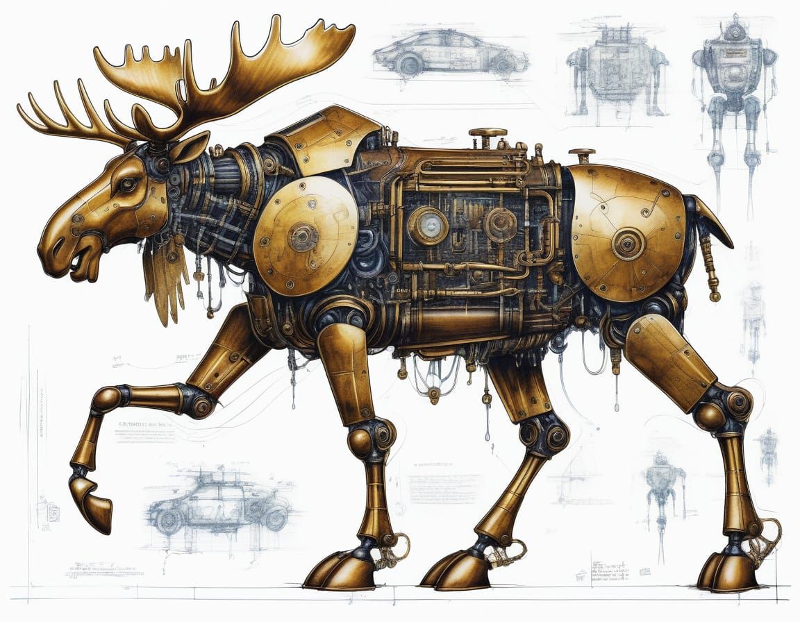 Mechanical Moose Robot Blueprints in Golden Ink