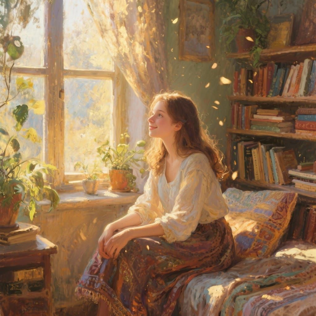 Young Woman Contemplating Future in Sunlit Bohemian Room