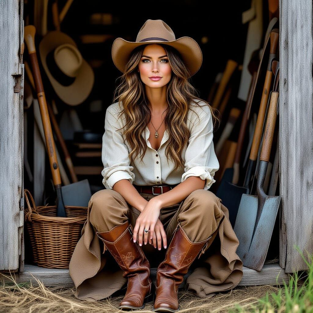 Americana Woman Poses in Rustic Farm Setting