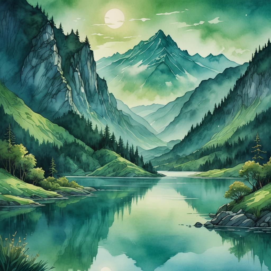 Mystical Watercolor Landscape with Serene Lake