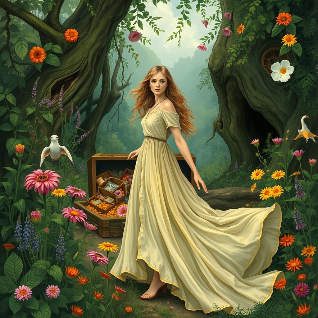 Woman with Treasure in Lush Summer Landscape