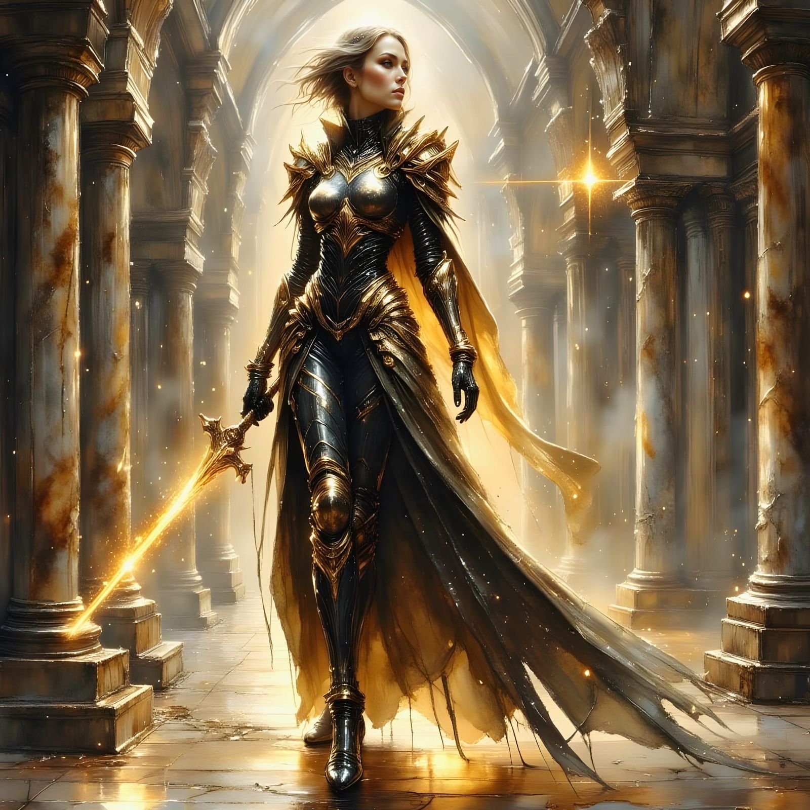 Sci-Fi Warrior in Gilded Armor, Ink Art Style