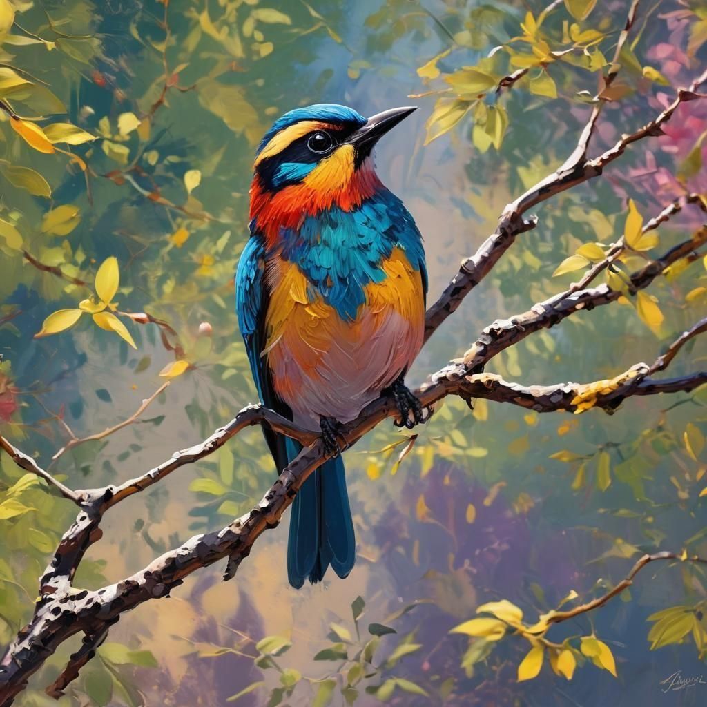 Impasto Bird in Vibrant, Textured Landscape