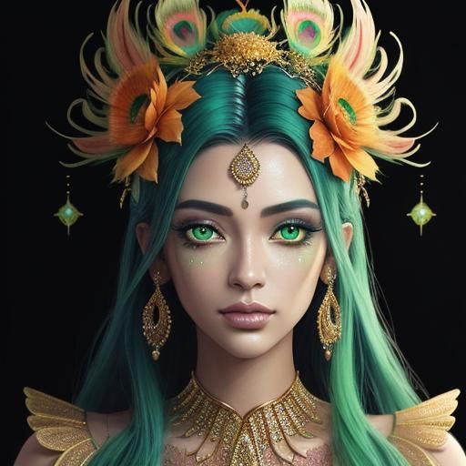 Golden Woman with Peacock Feathers in Candy Art