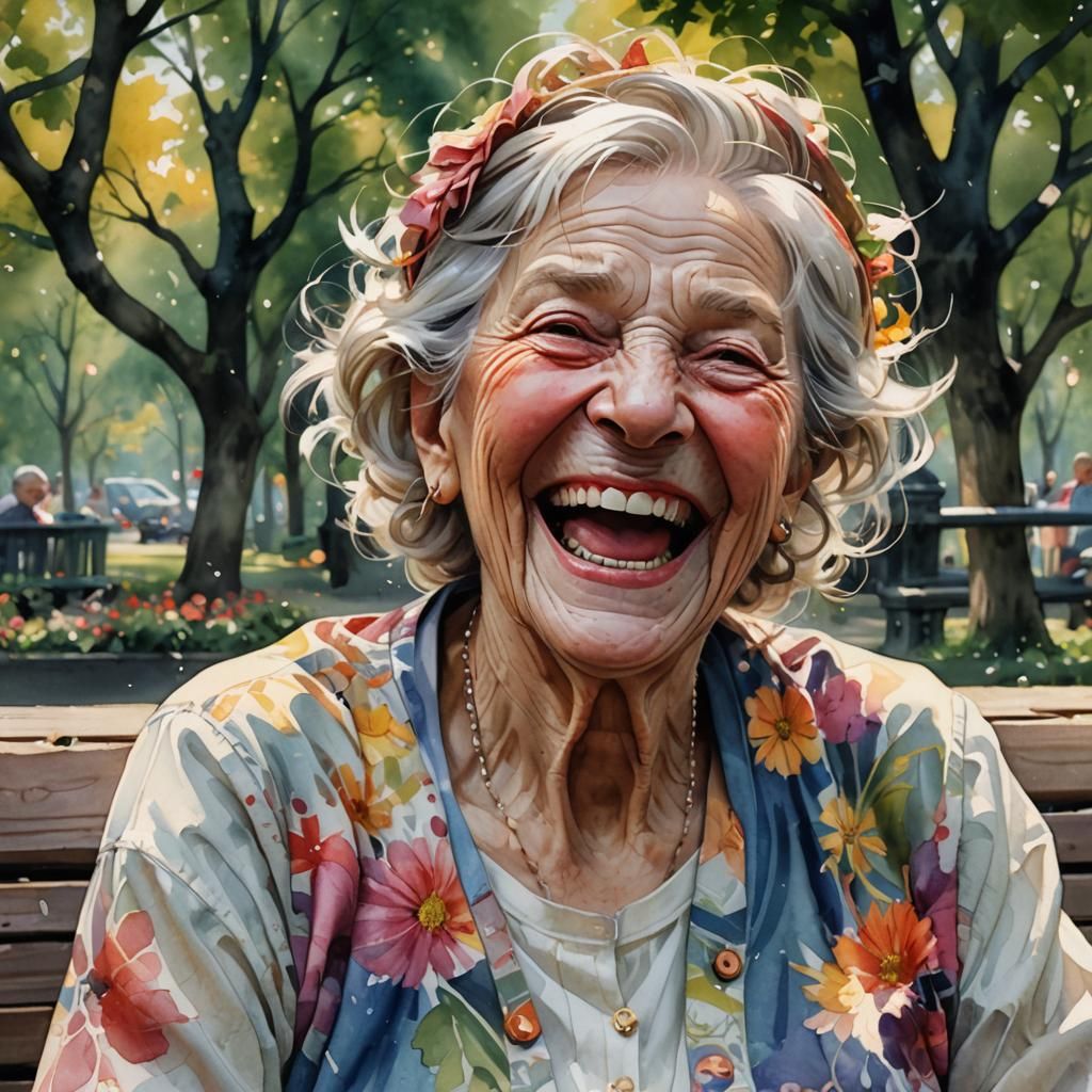 Laughing Old Woman Portrait in Detailed Watercolour