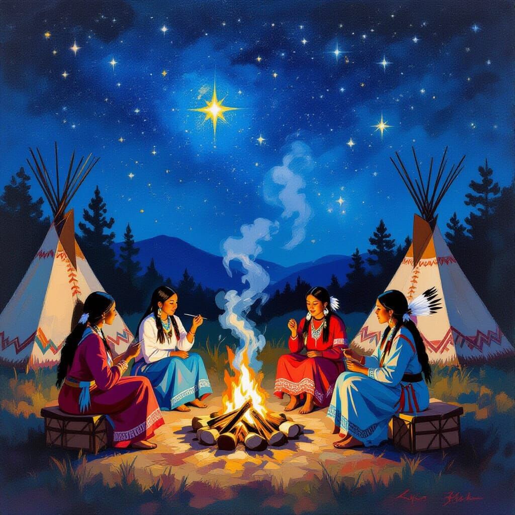 Cherokee Campfire Dance Under Starry Night Sky