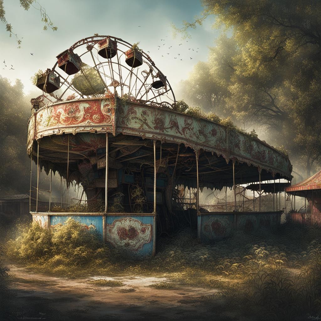Decaying Abandoned Carnival with Overgrown Plants