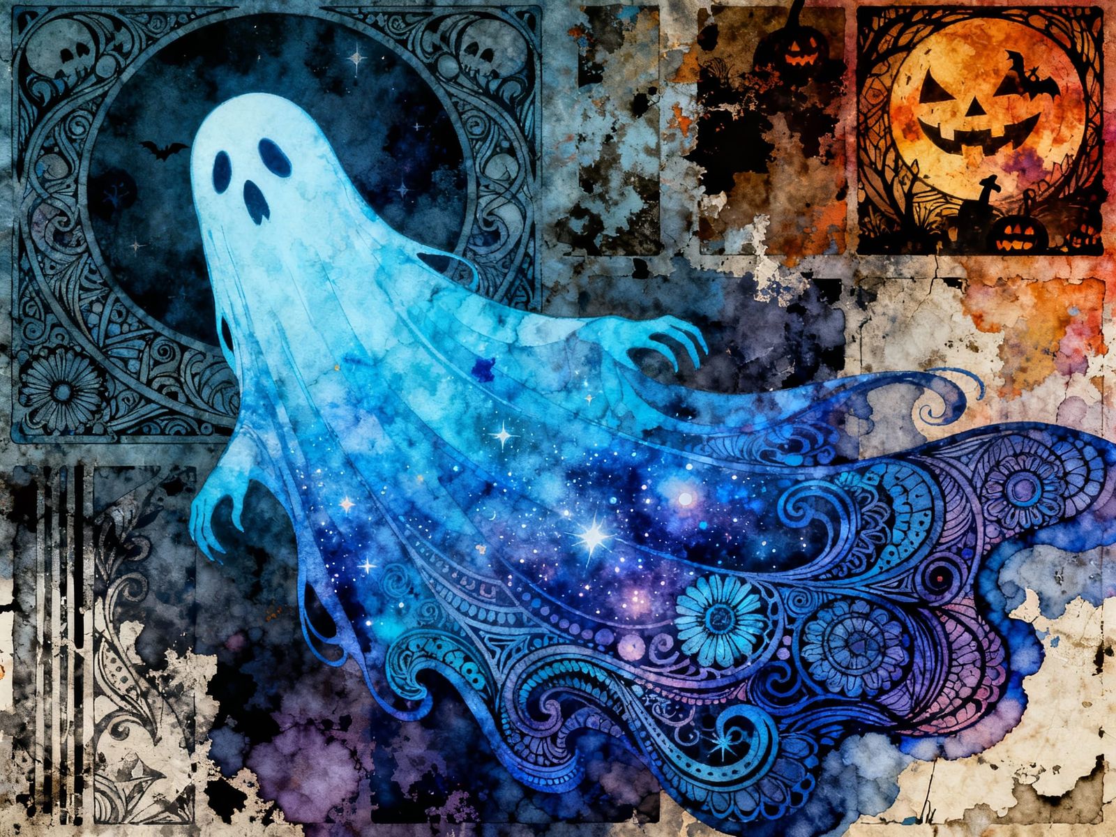 Cosmic Blue Ghost with Art Nouveau Zentangle Details