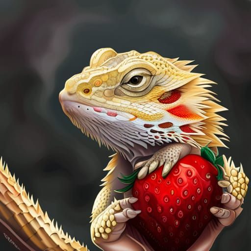 Bearded Dragon Eating Strawberries in Anime Style