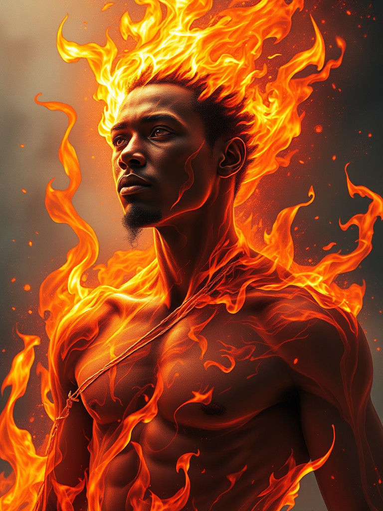 Nubian Man Engulfed in Flames, Fantasy Art