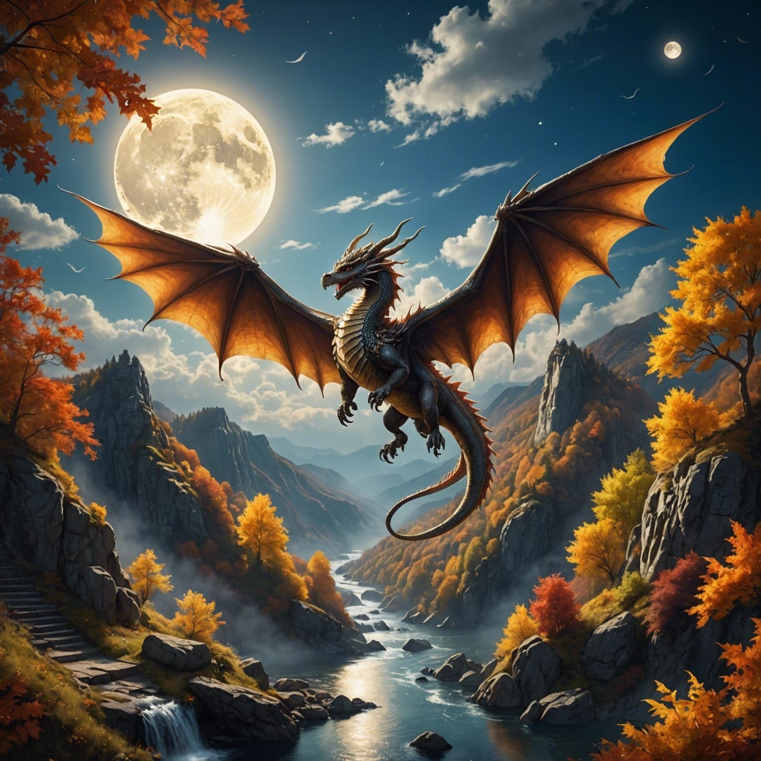 Dragon with Angel Wings in Autumn Ravine