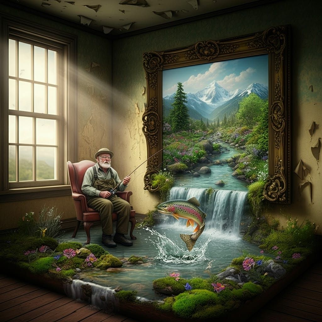 Surreal Diorama Scene of an Old Man Fishing in a Fantastical...