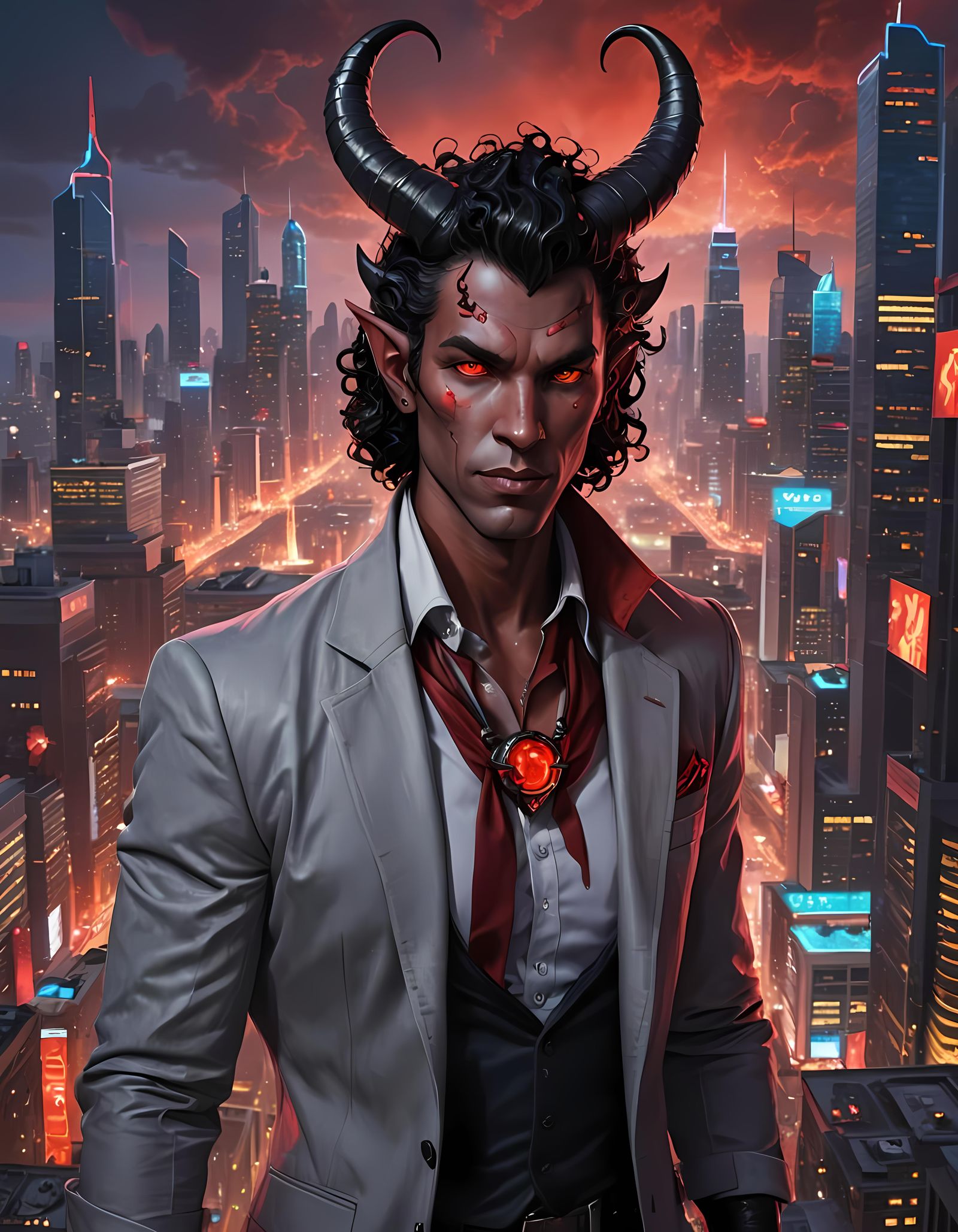 Tiefling Businessman in Sci-Fi Cityscape