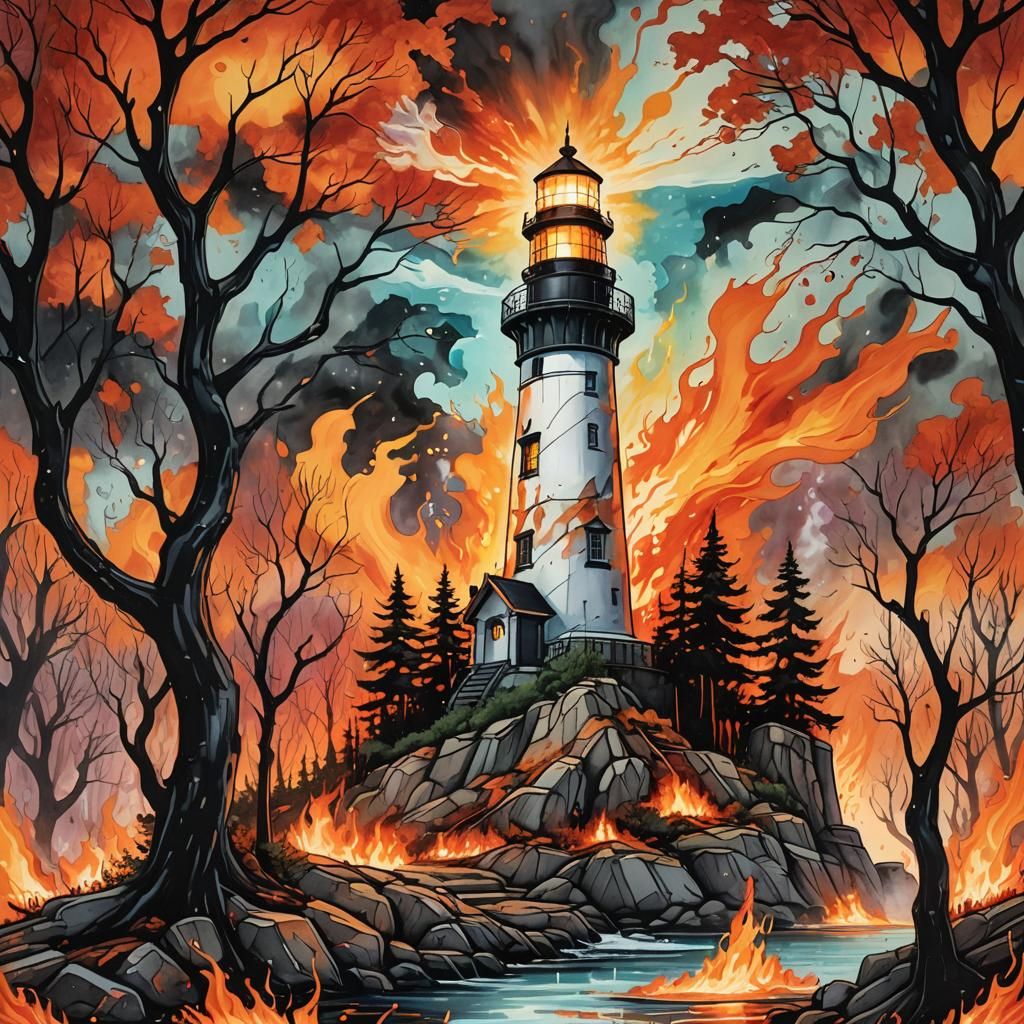 Lighthouse in Flames: Surreal Graffiti Art