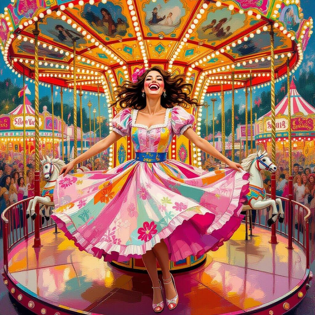 Woman on Merry-Go-Round in Whimsical Folk Art Style