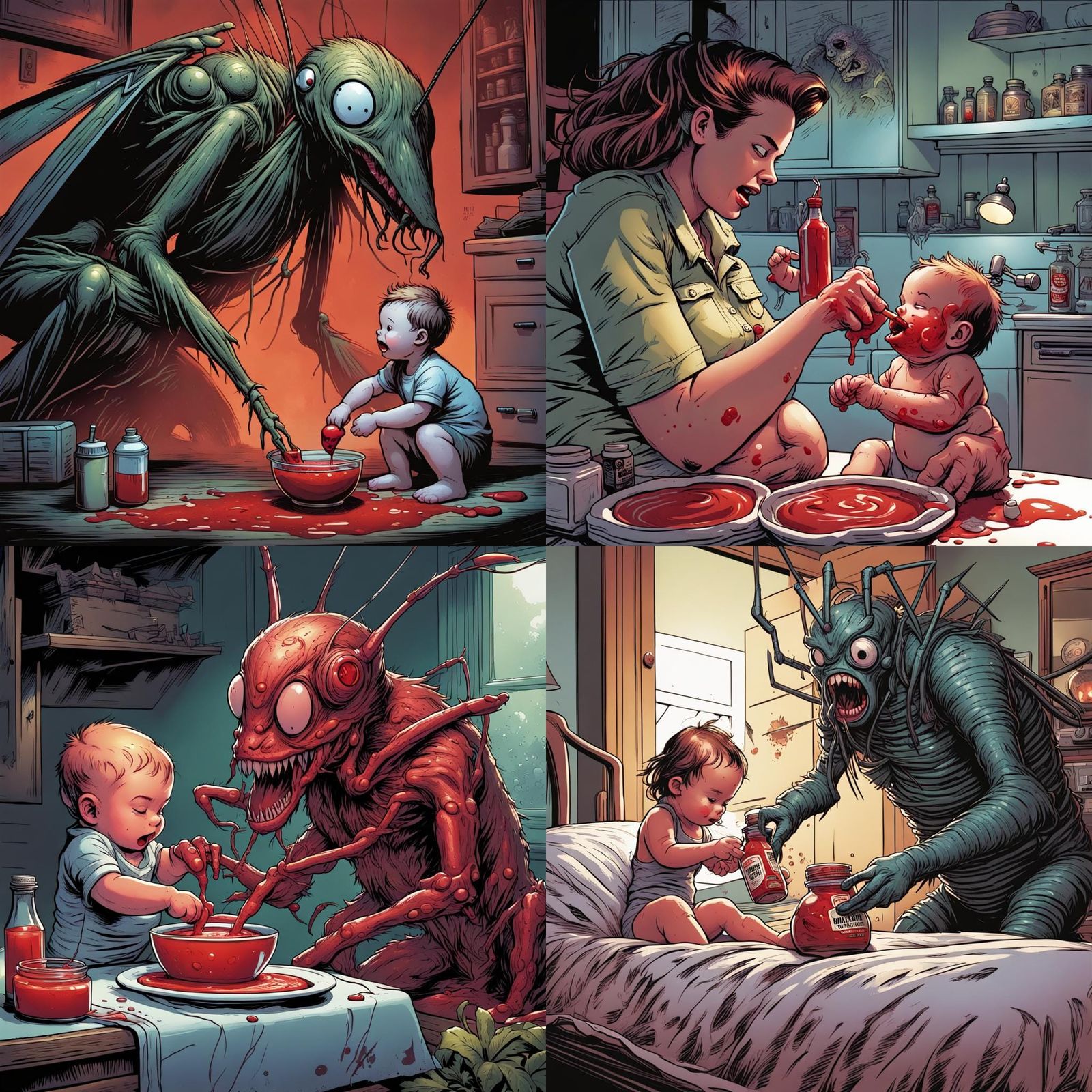 Mosquito monster putting ketchup on her baby brother