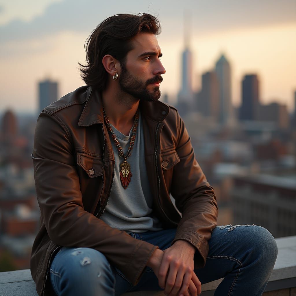 Man Gazing at Boston Skyline in Gritty Realism