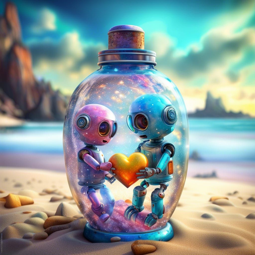 Bionic Robots' Love in a Bottle, Hyperrealistic Style