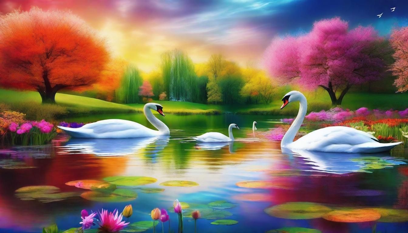 Enchanted Swan Palace Amidst a Vibrant Dreamlike Pond