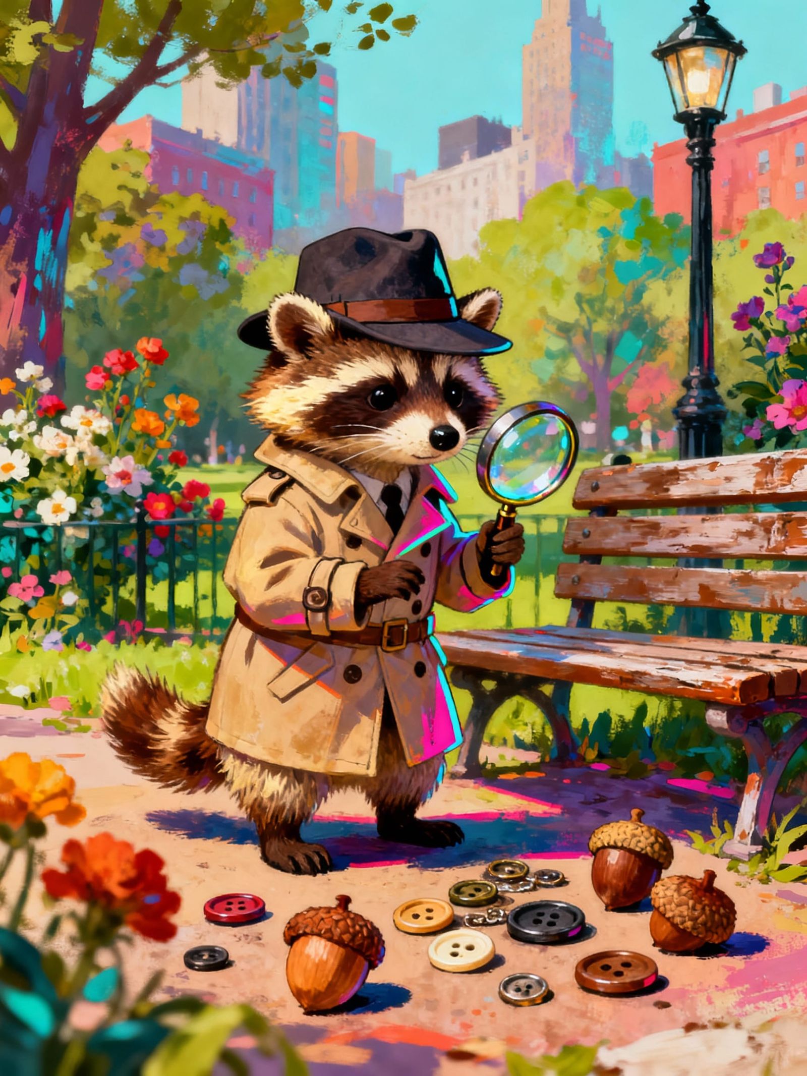 Detective Raccoon Investigates Lost Buttons in Park