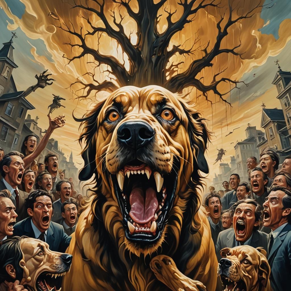 Giant Dog Rampage in Surrealist Oil Painting Style