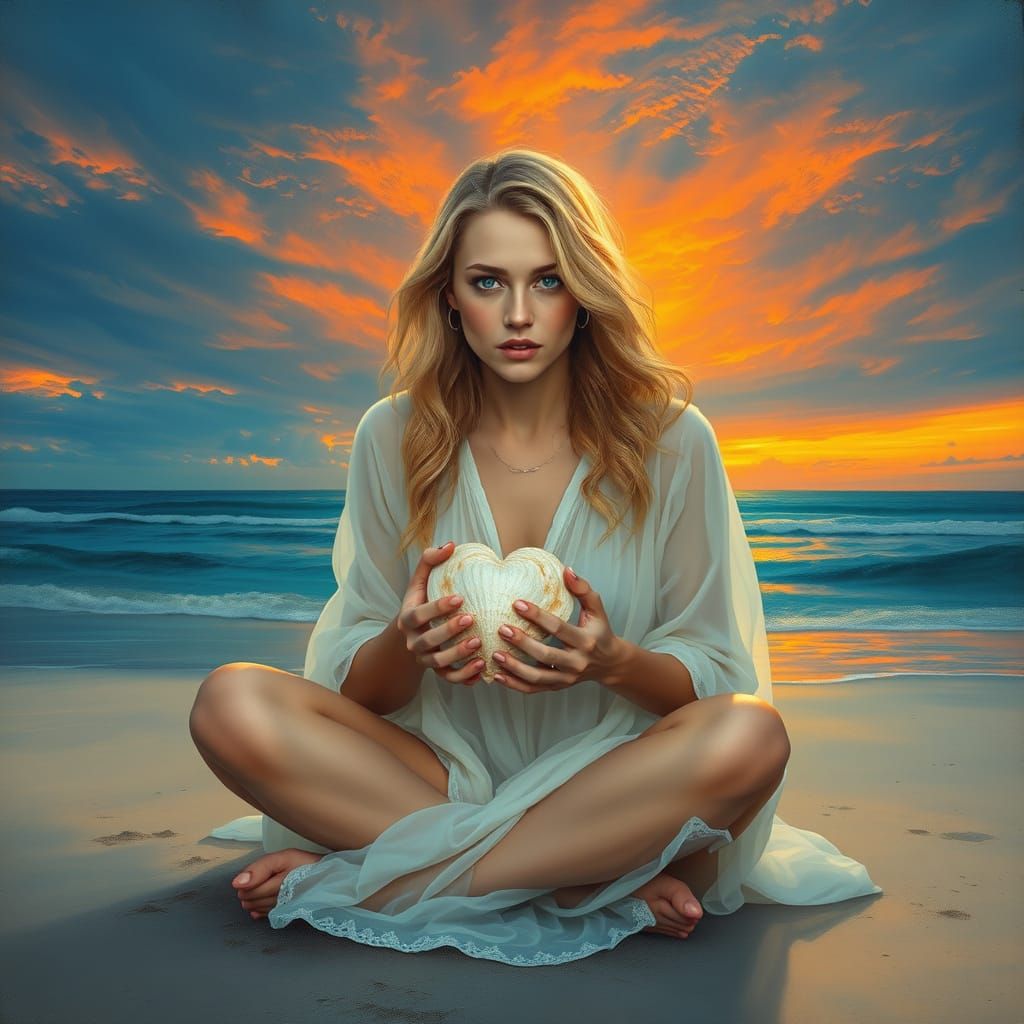 Ethereal Beach Scene with Melancholic Blonde Woman