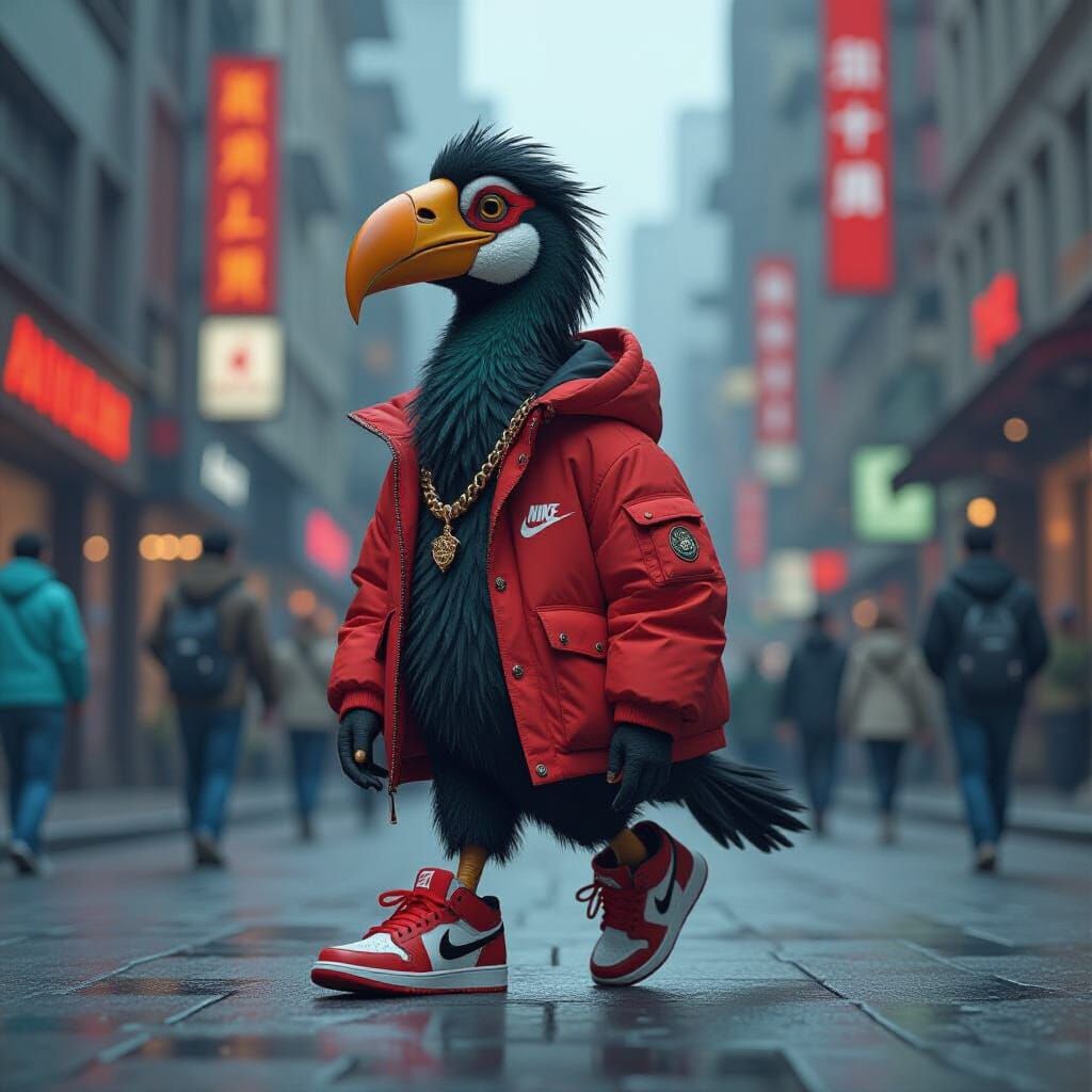 Dodo Bird in Jordans Walks Through Metropolis