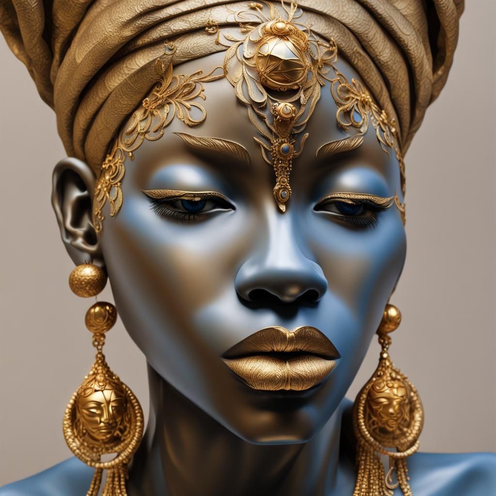 African Woman Marble Sculpture with Gold Accents