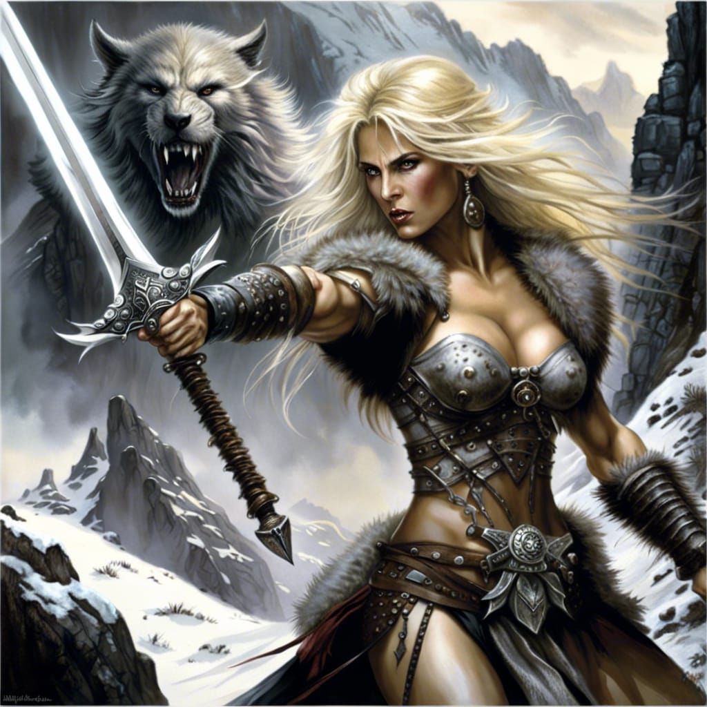 Adventuress Battles Troll in Dark Fantasy Style