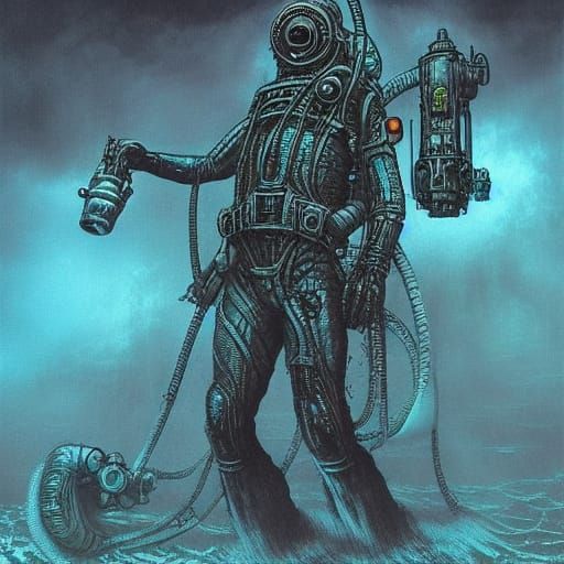 Diver in Post-Apocalyptic Waterworld: HR Giger Comic Style