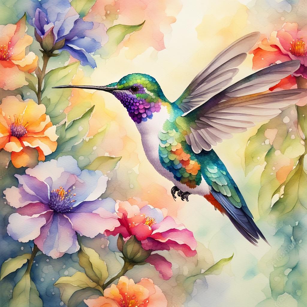 Watercolor Hummingbird in a Lush Garden