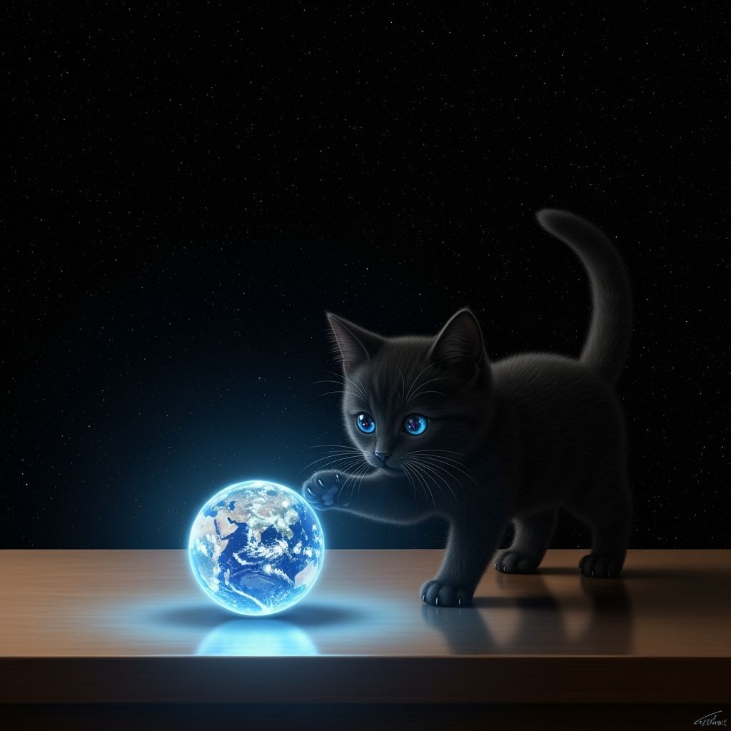 Kitten in Space Playing with Glowing Orb